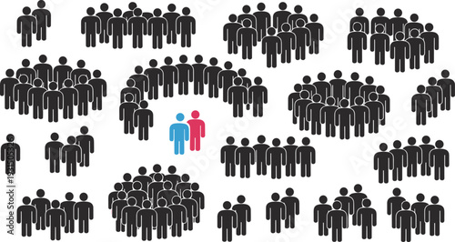 Group of black silhouettes with two colored figures in the center people crowd blue