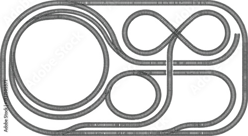 Detailed Model Railway Track Layout Blueprint with Multiple Loops, Figure Eight Crossing and Switching Yard – Top View Isolated on White Background for Design Planning