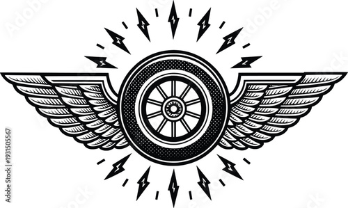 Vintage emblem featuring a winged wheel and radiant lightning bolts