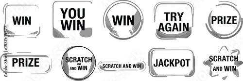 Set of nine circular labels with lottery and prize phrases in black and white jackpot
