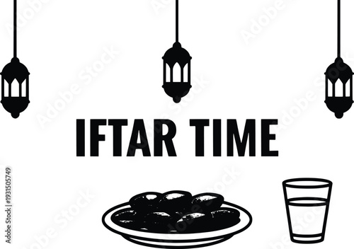 Illustration of traditional iftar time with dates and water under lanterns