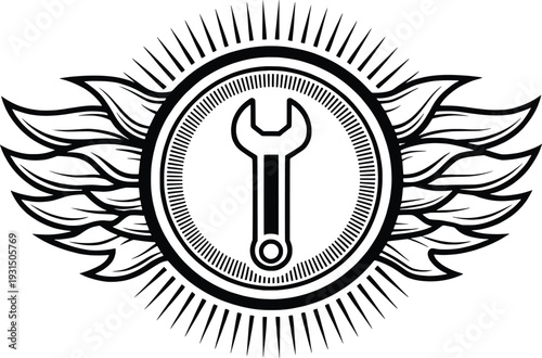 Vintage emblem featuring a wrench with wings and radiant sunburst design