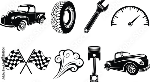 Vintage automotive and racing icons in black and white illustration