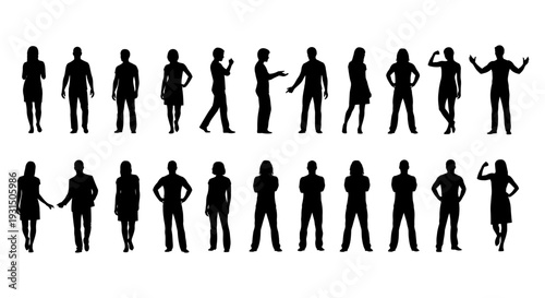 diverse collection of men and women silhouettes in various poses isolated on white perfect for representing people and human forms.