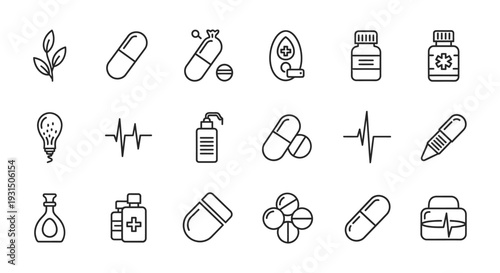 collection of medical and health line art icons illustrating various pharmacy treatment and wellness concepts for ui.