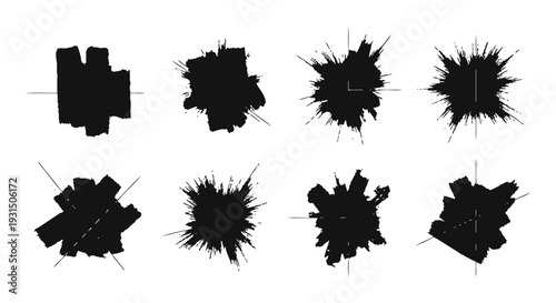collection of rough black ink splatters and abstract grunge brush strokes on white background perfect for graphic design textures