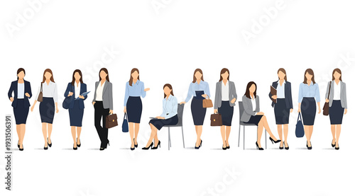 A group of diverse business professionals standing and sitting in various poses isolated on white background