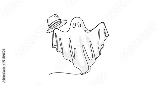 Minimalist ghost with hat, one line drawing, Halloween concept