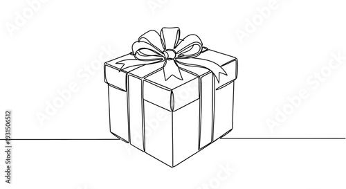 Minimalist Gift Box with Ribbon Bow, Continuous Line Drawing Art