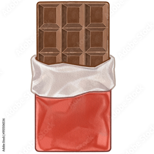 Konstfotografi Chocolate Bar in Red Wrapper in Cute Cartoon Watercolor style