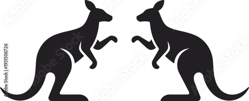 Kangaroo Silhouette Pair Facing Each Other, Black and White Australian Wildlife Vector Illustration, Boxing Marsupial Animal Icon Isolated on White Background
