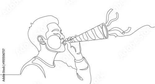 Man Blowing Party Horn with Streamers, Continuous Line Art