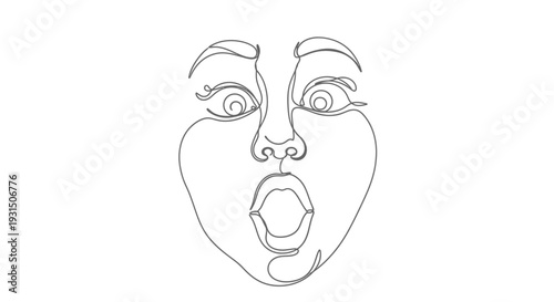 Surprised Face Line Art Drawing, Open Mouth Expression, Minimalist, Shocked Expression