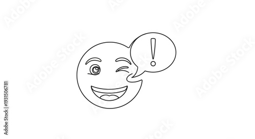 Happy Winking Emoji with Exclamation Mark in Speech Bubble - Outline Style