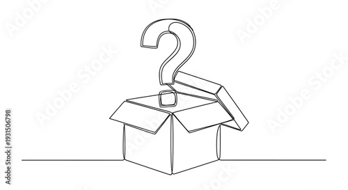 Open box with question mark emerging, symbolizing mystery, unknown, and curiosity.