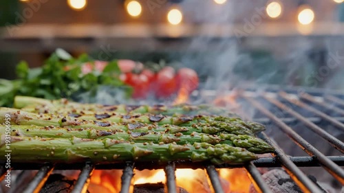 Grilled asparagus spears cooking over open flame on barbecue grill