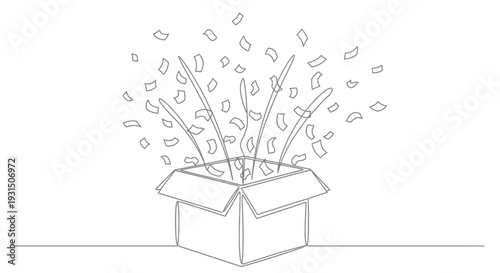 Surprise Box Exploding with Confetti and Streamers - Line Art