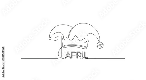 April Fools Day Jester Hat With Text "1 April" Continuous Line Art