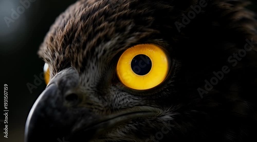 Close up image shows intense gaze of majestic raptor with yellow eyes