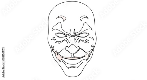 Clown Mask Outline, Scary Face, Joker Costume, Halloween Prop, White Background