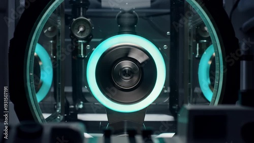 High-Speed Metallic Flywheel Spinning Flawlessly Inside a Vacuum Chamber with Glow Edges