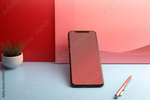 A simple desk scene with a smartphone and pen against a soft-colored background.