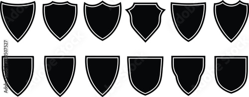 Collection of 12 black shield icons in two rows on a white background