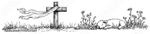 Hand drawn sketch of a wooden cross with cloth and a sleeping lamb in a flower meadow for Easter