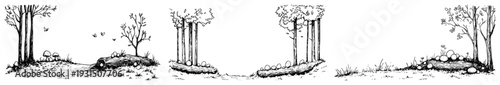 Set of hand drawn forest landscape sketches with hidden Easter eggs in a garden setting
