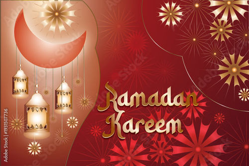 Ramadan kareem vector illustration featuring crescent moon, star symbol, hanging lantern decorations and mandala ornamental arch background.