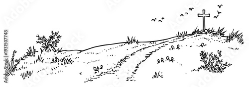 Hand drawn landscape sketch of a path leading to a wooden cross on a hill for Easter