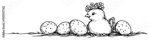 Hand drawn doodle of a baby chick with a flower wreath sitting next to speckled Easter eggs