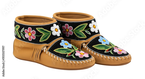 Beaded ankle moccasin boots display vibrant pink, blue, and white floral embroidery against a dark background trim with soft tan leather sides.