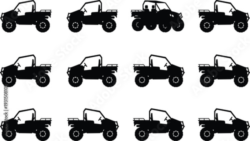 Off road vehicle silhouettes collection featuring ATV and utility terrain vehicles, black vector illustration set isolated on white background for transport design