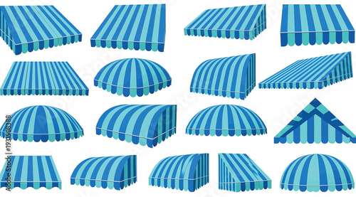 Collection of various blue and white striped awnings and canopies isolated on white background