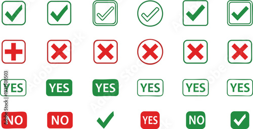 Yes and No Check Mark Icons Set Vector Collection with Green Tick and Red Cross Symbols