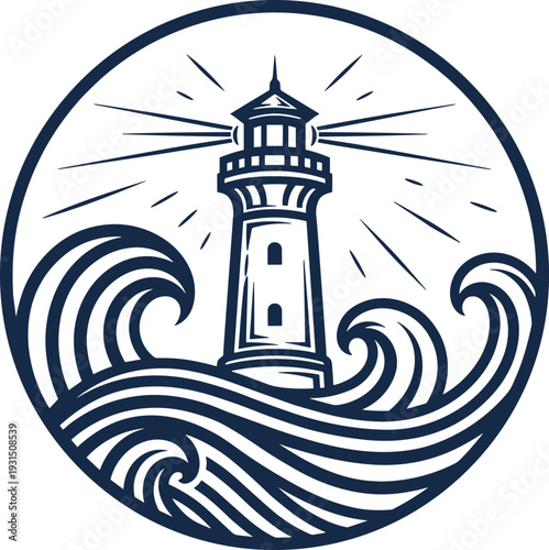 Vintage Lighthouse with Ocean Waves Circular Emblem Vector Illustration Nautical Maritime Logo Design