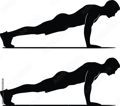 Push up exercise silhouette showing plank position and lowering phase, bodyweight strength training vector illustration isolated on white background for fitness concept