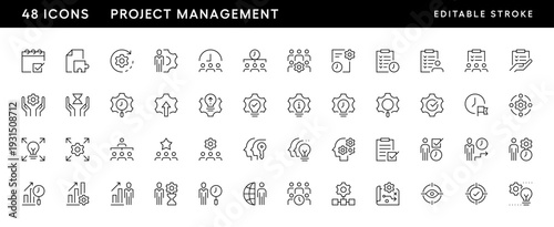 Project management outline icon collection. Team, efficiency, target, brainstorming, communication, leadership , productivity and more. Editable stroke. Pixel Perfect. Grid base 32 x 32.
