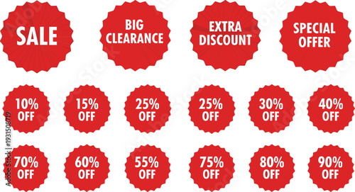 Red Sale Discount Badge Vector Set with Percentage Off Labels Big Clearance and Special Offer Stickers
