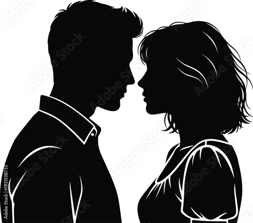 Romantic couple face to face silhouette portrait, intimate love and relationship concept, black vector illustration isolated on white background