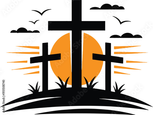 Three crosses silhouetted against a golden sunset symbolizing faith and sacrifice