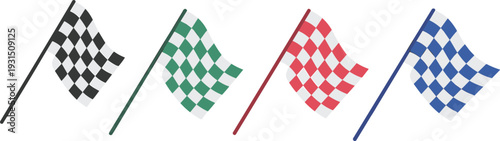 Checkered flags, racing symbols, colorful vector, black white, green red blue, competition clipart, finish line icon, motorsport design, speed graphic, sport illustration