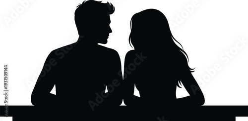 Romantic Couple Silhouette Sitting Together at Table, Man and Woman Profile Conversation Vector Illustration, Black and White Love Relationship Concept Design