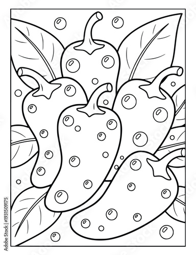 Chili pepper line art with bubbles and leaves for a kids coloring book page