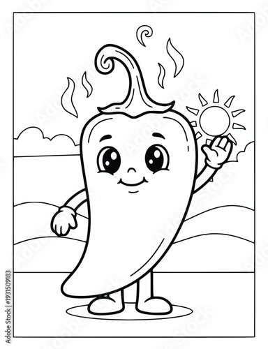 Chili pepper cartoon character waving in the sun for kids coloring book page