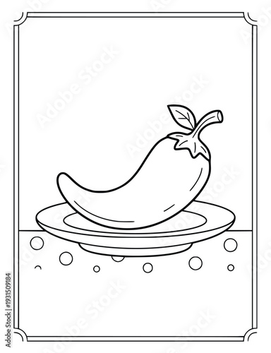 Chili pepper on a ceramic plate for a creative children coloring book page