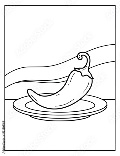 Chili pepper on a ceramic plate for an educational kids coloring book page