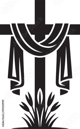 A stark black silhouette of a cross with draped cloth and lily flowers below