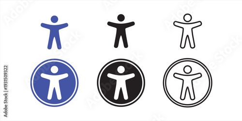 Accessibility icon set with human figure, universal design symbols for disability and inclusion, 6 vector elements in blue and black